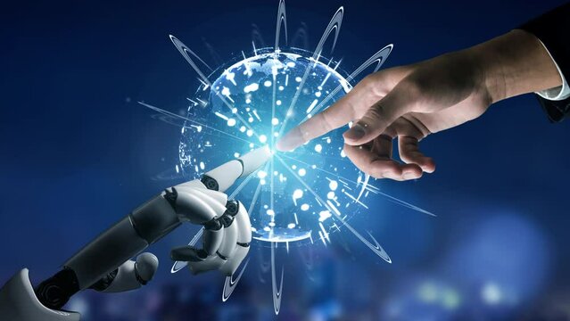 Futuristic robot artificial intelligence revolutionary AI technology development and machine learning concept. Global robotic bionic science research for future of human life. 3D rendering graphic.