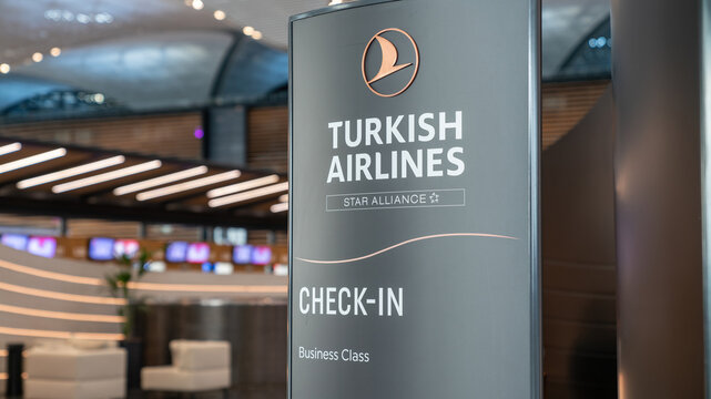 Istanbul, Turkey - February 2020: Turkish Airlines business class check-in counter in Istanbul Airport