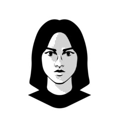 Beautiful girl comic style portrait with dot halftone effect. Black and white vector illustration of woman with long hair. Isolated.