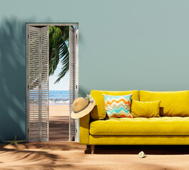 Interior on the sand beach with yellow sofa and open white door looking at sea. Vacation at home concept. 3D Rendering, 3D Illustration