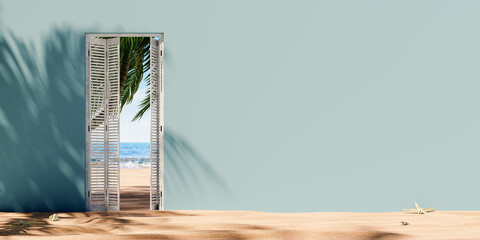 Fototapeta na wymiar Opened door at the sand beach with sea view and empty wall background. Summer vacation concept. 3D Rendering, 3D Illustration