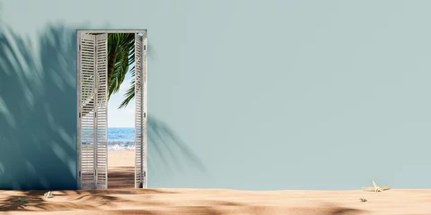 Zelfklevend Fotobehang Geopende deur aan het zandstrand met uitzicht op zee en lege muur achtergrond. Zomer vakantie concept. 3D-rendering, 3D-illustratie © hd3dsh