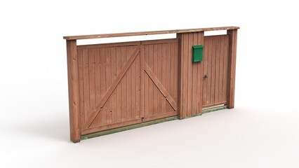 Old wooden gate render on a white background. 3D rendering