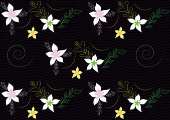 Hand drawn seamless pattern. Black background, blended waves and floral motif on wrapping paper or fabric. Still trendy graphic design. Vector and jpg format.