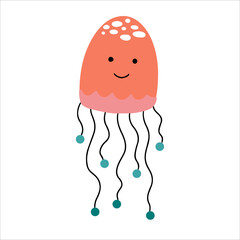 Cute smiling jellyfish with baby face icon hand drawn in doodle style. Vector illustration