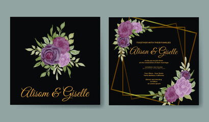 wedding invitation with rose and leaves watercolor decoration