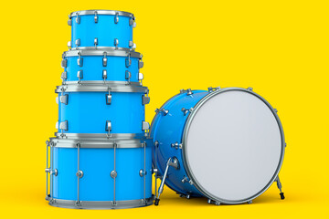 Set of realistic drums or drumset on yellow background
