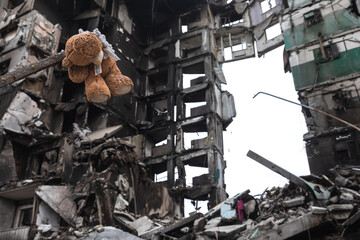 War in Ukraine. Ruined houses of Borodianka, Ukraine - obrazy, fototapety, plakaty