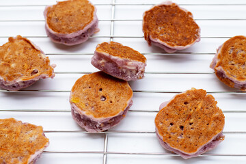 Coconut pancake on white background.
