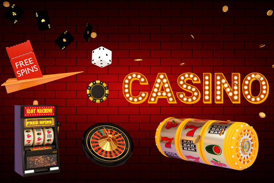 Online casino. 3D realistic roulette wheel with slot machine, coupon with free spins, flying coins, plane, chip, playing dice on brick wall background. Gambling concept design. 3d rendering 