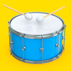 Fototapeta na wymiar Realistic drum and wooden drum sticks on yellow. 3d render of musical instrument