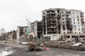 War in Ukraine. Ruined houses of Borodianka, Ukraine - obrazy, fototapety, plakaty