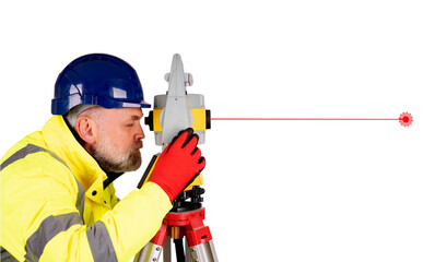 Portrait of a Site engineer in hi-viz using modern surveying equipment isolated on white background