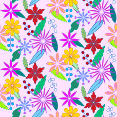 Fototapeta na wymiar Vector seamless half-drop pattern, with leaves and flowers