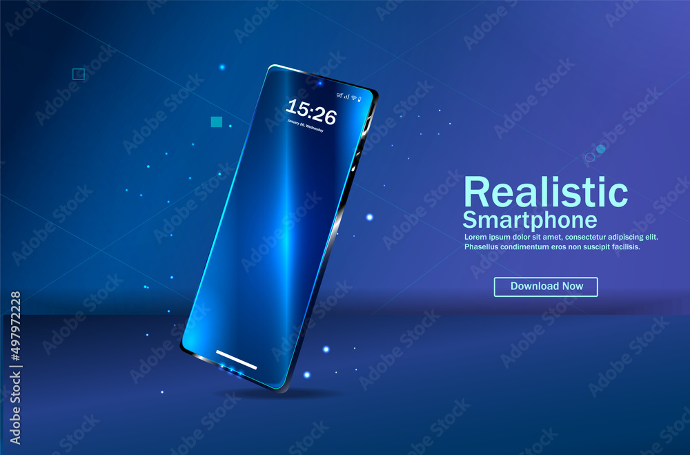 Poster the smartphone is lying on a smooth dark blue surface or a table in perspective. realistic vector il