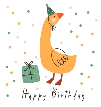 Happy birthday card with cute duck in a hat. Flat illustration isolated on white background 