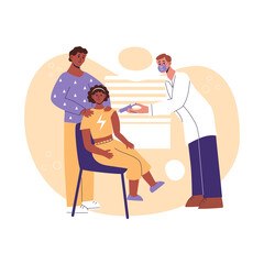 Children vaccination. Father with teenage daughter in hospital. Pediatrician doctor in medical mask make injection of flu or immunization. Healthcare, preventation, treatment vector flat illustration