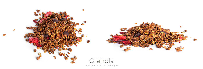 Granola isolated on a white background. Granola with chocolate and strawberries.