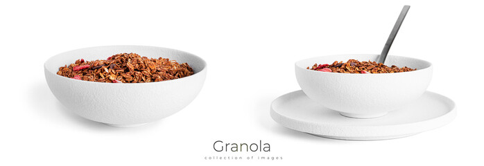 Granola isolated on a white background. Granola with chocolate and strawberries.