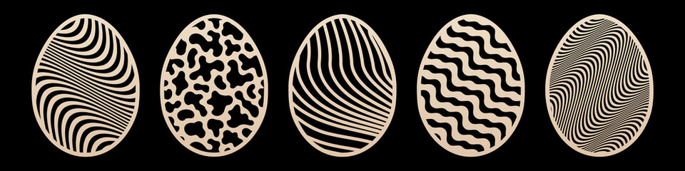 Vector collection of Easter eggs. Laser cut templates set with ornamental egg shapes, abstract geometric pattern, wavy lines, stripes. Decorative stencil for laser cutting of wood, metal, paper