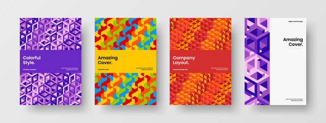 Minimalistic mosaic hexagons leaflet layout bundle. Multicolored booklet vector design template composition.