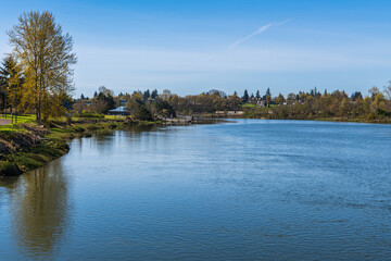 View of Langus Riverfront Park from the Fishing Pier on the Snohomish River in Everett Washington