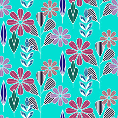 Vector seamless half-drop pattern, with leaves and flowers