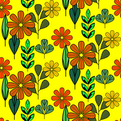 Vector seamless half-drop pattern, with leaves and flowers