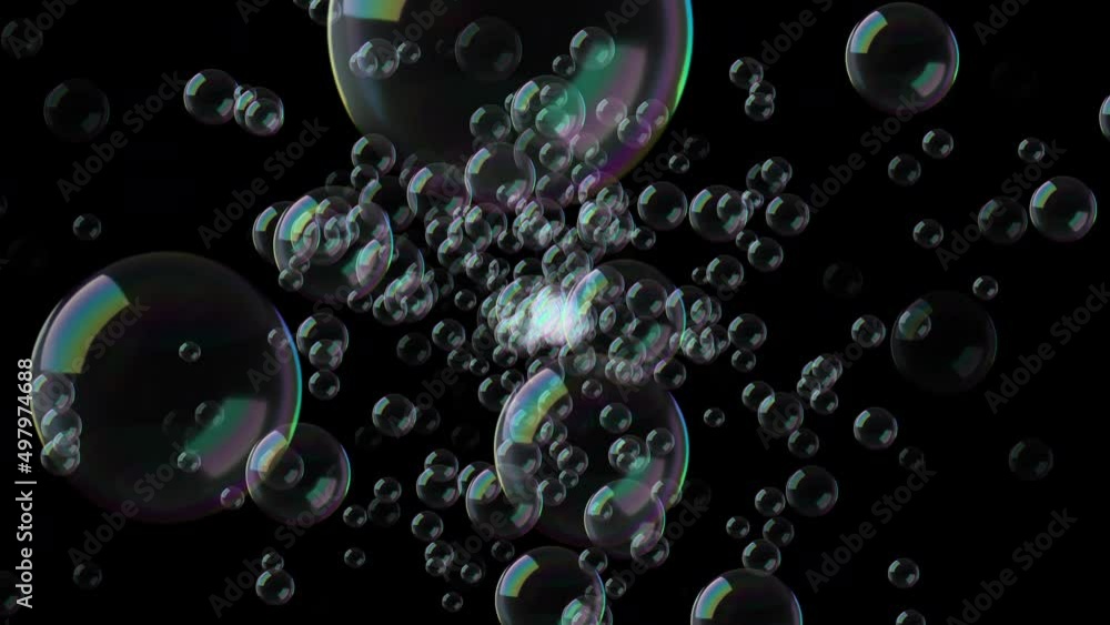 Poster futuristic flight of soap bubbles in endless space in neon rays of light with a beautiful shade. slo