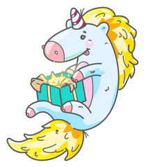 Unicorn opens a box with a magic gift