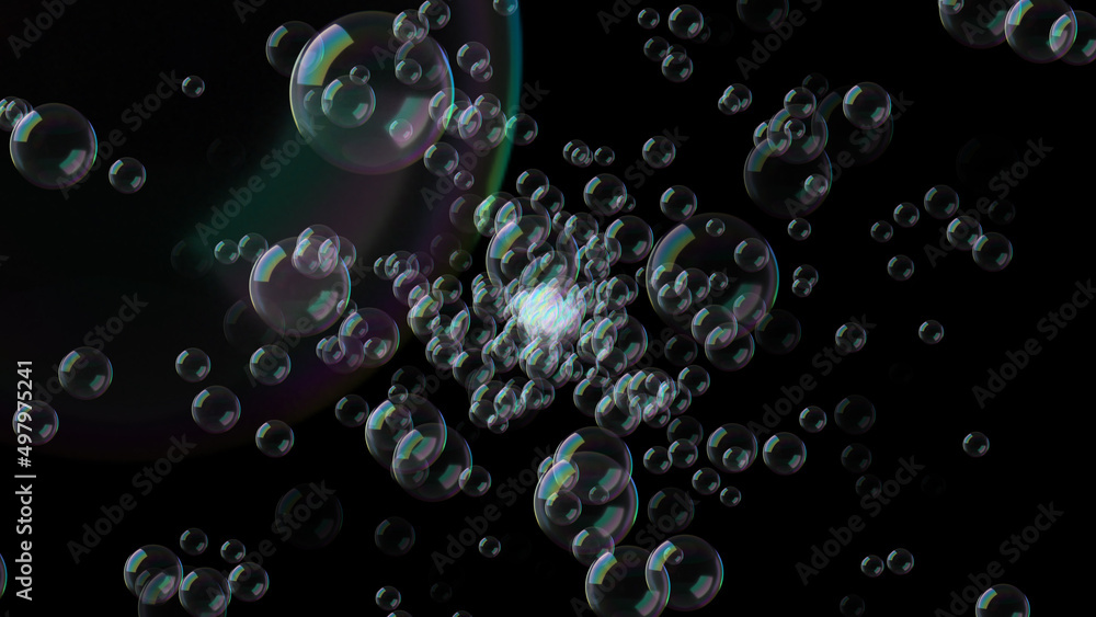 Poster futuristic flight of soap bubbles in endless space in neon rays of light with a beautiful shade. slo