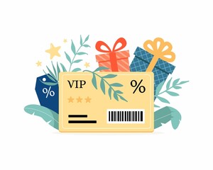 Gift card with loyalty program. Earn points, redeem gift box, more discounts. Perks concept, vector flat illustration