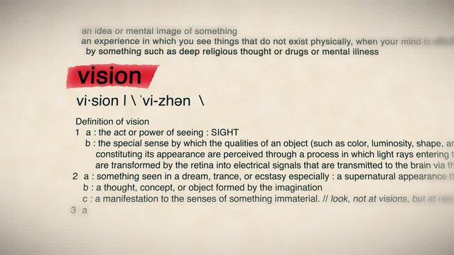 The Word Vision Red Highlighted in a Dictionary Animation