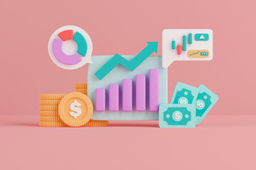 3d rendering concept stock market illustration. Up trend bar graph with us dollar currency, pie chart and candlestick chart.