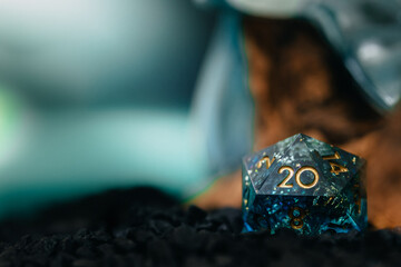 Dungeons and Dragons Dice - The Treasure of Sea! Cristal D 20 dice of pure resin on black sand and...