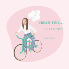 girl on a bicycle with balloons, a girl rides to meet dreams