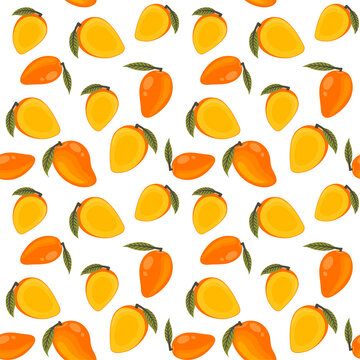 Vector seamless pattern with mango and leaves on a white background.