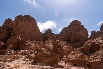 The terrain in Petra Jordan with tombs carved  in the sandstone