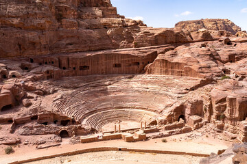 The ancient Roman amphitheater in Petra, Jordan on a sunny day