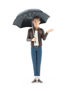 3d disappointed cartoon man holding umbrella