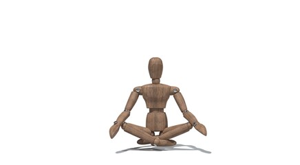 3D rendering. One wooden mannequin in yoga pose isolated on light background. Background design for banner, poster, flyer, website, brochure.
