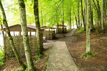 holiday house in the mountains of Chechnya in the spring among the mountains and forests near the river and lake