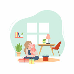 Happy girl hugging a doll in her room. Vector Illustration of a Girl holding her Doll. Girl sitting on the floor with gifts Cozy modern interior.
