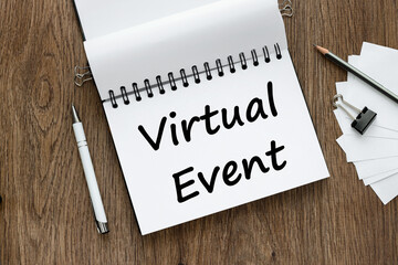 virtual event. open notepad with text near white stickers