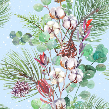 Christmas seamless pattern painted in watercolor with fir branches and winter dried flowers and snow on a blue background