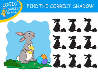 Easter Rabbit holding Eggs. Find the correct shadow the Bunny. Cute cartoon rabbit on lawn. Educational matching game. Logic Game for Kids. Learnig worksheet with fun character Hare. Task with answer.