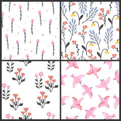 Seamless spring pattern with vintage style flowers. Collection of floral bright prints