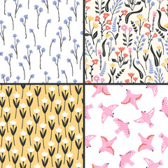 Seamless spring pattern with vintage style flowers. Collection of floral bright prints