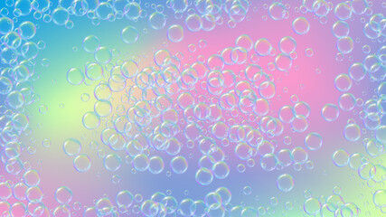 Shampoo bubble. Detergent bath foam, suds and soap for bathtub. Blue 3d vector illustration flyer. Rainbow fizz and splash. Realistic water frame and border. colorful liquid shampoo bubble.