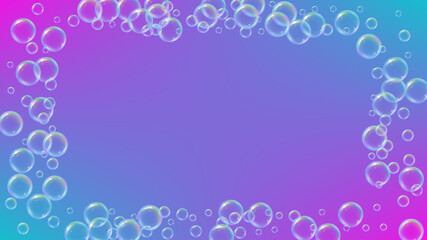 Bathtub foam. Detergent soap bubble and suds for bath. Shampoo. Blue fizz and splash. Realistic water frame and border. 3d vector illustration banner. Rainbow colorful liquid bathtub foam.